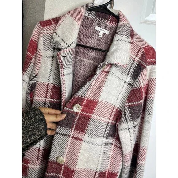 Maurices Plaid Academia Style Long Jacket Coat Red Ivory Open Front M - Picture 4 of 8